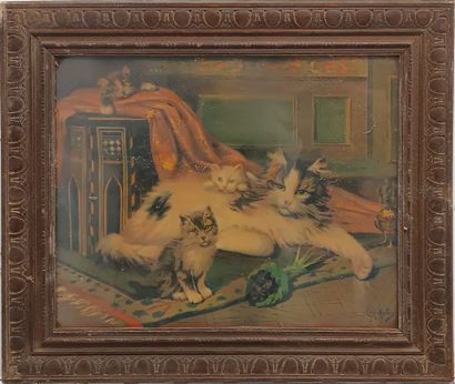 Paire de chromos encadrées figurant des chats.
Dans...
