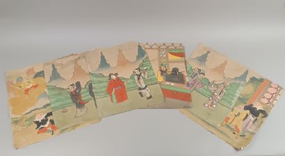 CHINE 
Six aquarelles sur soie figurant des...