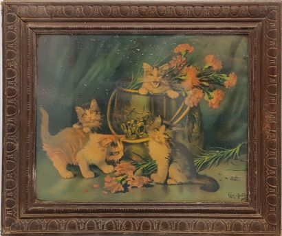 Paire de chromos encadrées figurant des chats.
Dans...