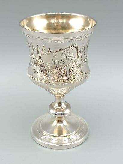 Silver egg cup with guilloché and pearl decoration....