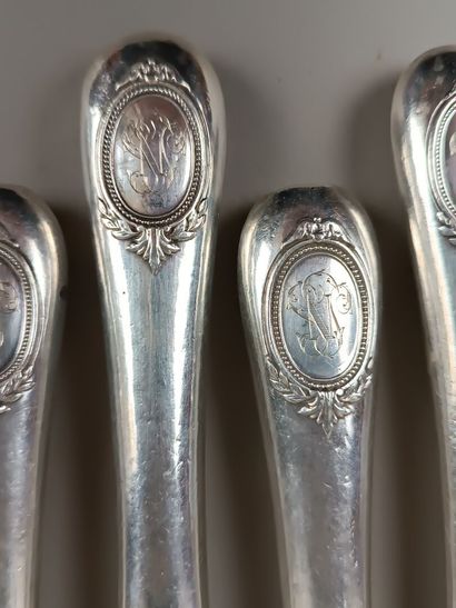 Double set of knives with forged silver handles...