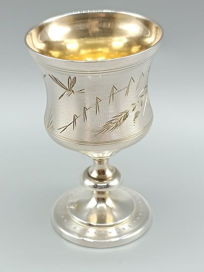 Silver egg cup with guilloché and pearl decoration....