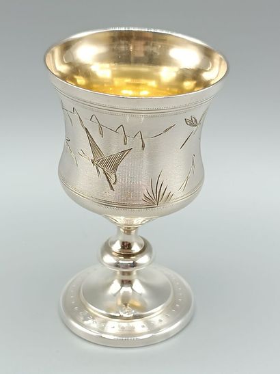 Silver egg cup with guilloché and pearl decoration....