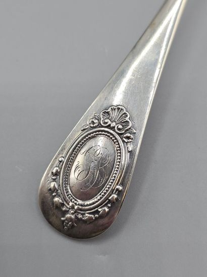Silver spatula sugar spoon with a medallion...