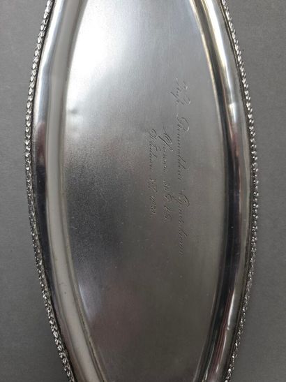 Small silver navette-shaped tray with two...