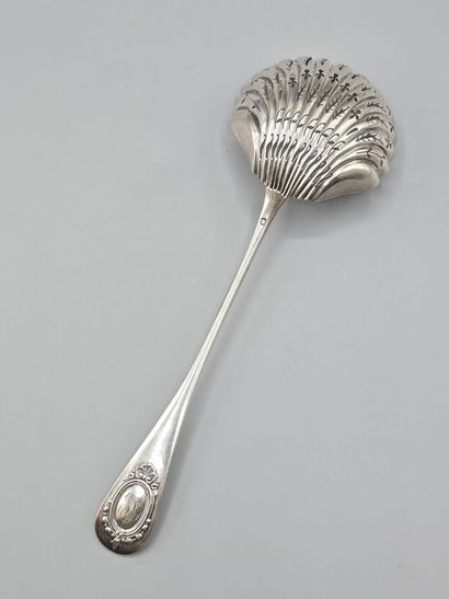 Silver spatula sugar spoon with a medallion...