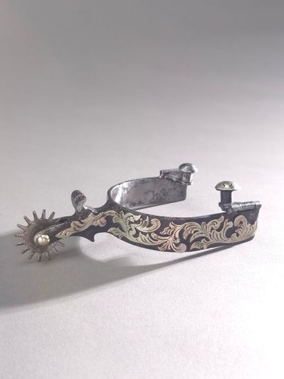 Éperon à molette en métal. 
Décor d'une frise...