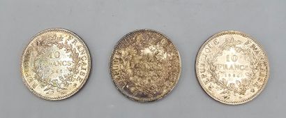 FRANCE. 
Lot de trois pièces de 10 francs...