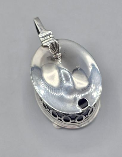 Oval-shaped silver-plated mustard pot on...