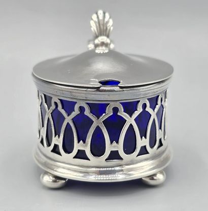 Oval-shaped silver-plated mustard pot on...