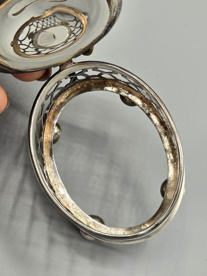 Oval-shaped silver-plated mustard pot on...