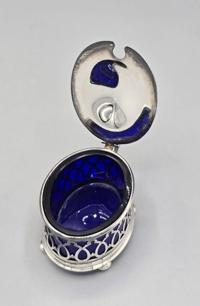 Oval-shaped silver-plated mustard pot on...