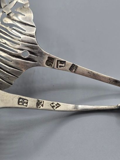 Paire de cuillères à saupoudrer en argent.
Cuilleron...