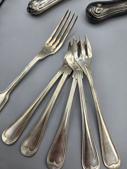 Meeting of silver-plated serving pieces including:...