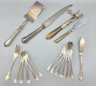 Meeting of silver-plated serving pieces including:...