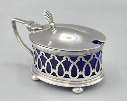 Oval-shaped silver-plated mustard pot on...