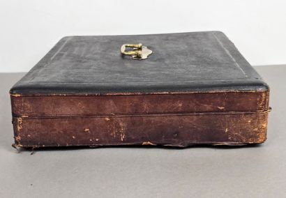 Household chest. Lid with leather top and...