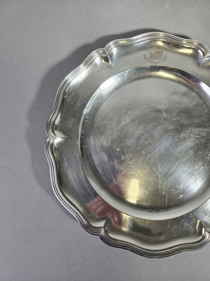 Large circular silver plated dish of filets...