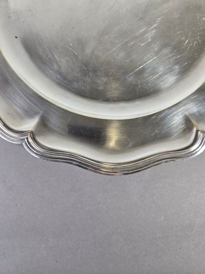 Large circular silver plated dish of filets...