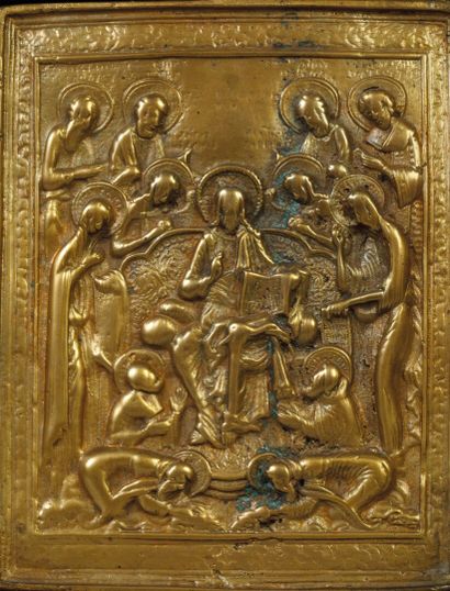Bronze icon or “kiss of peace” in a polychrome...