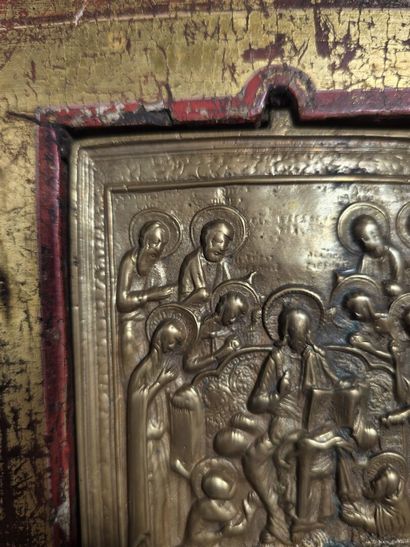 Bronze icon or “kiss of peace” in a polychrome...