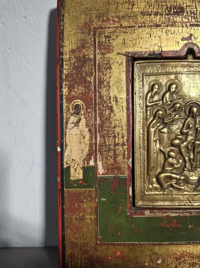 Bronze icon or “kiss of peace” in a polychrome...