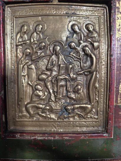 Bronze icon or “kiss of peace” in a polychrome...