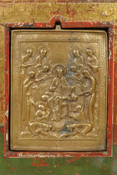 Bronze icon or “kiss of peace” in a polychrome...