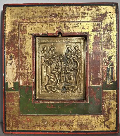 Bronze icon or “kiss of peace” in a polychrome...