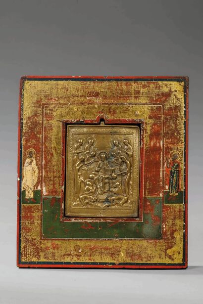 Bronze icon or “kiss of peace” in a polychrome...