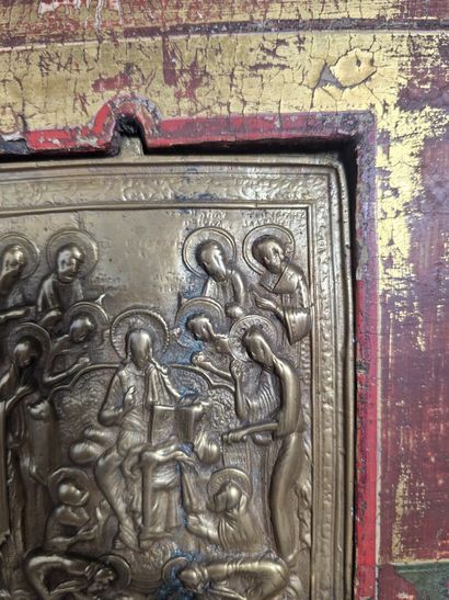 Bronze icon or “kiss of peace” in a polychrome...