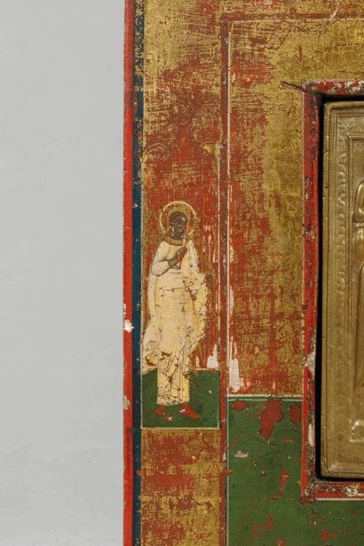 Bronze icon or “kiss of peace” in a polychrome...