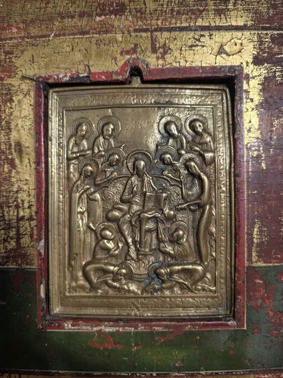 Bronze icon or “kiss of peace” in a polychrome...