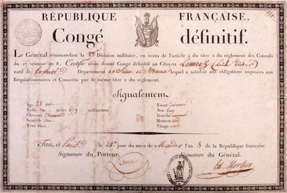 Congé définitif, signé par le Maréchal Mortier,...