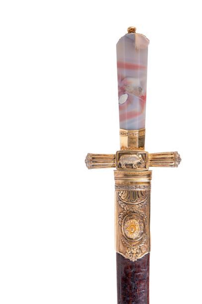 Dague de vénerie. 
Poignée à pans en agate...
