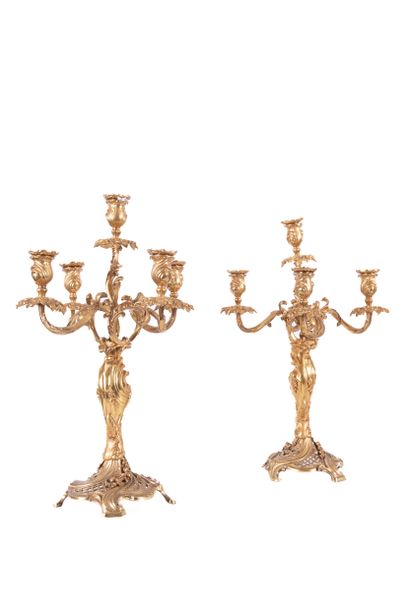 Pair of gilt bronze candelabras with five...