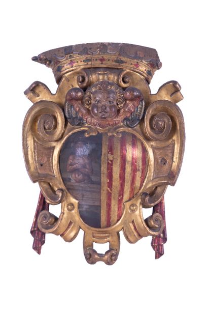 Armorial shield in wood carved in high relief...