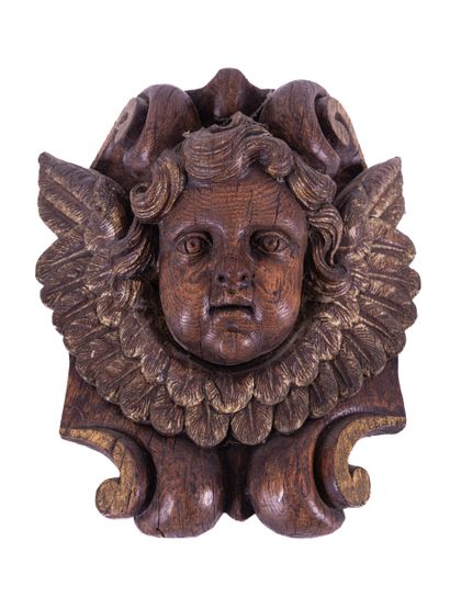 Carved oak angel head, decorative element...