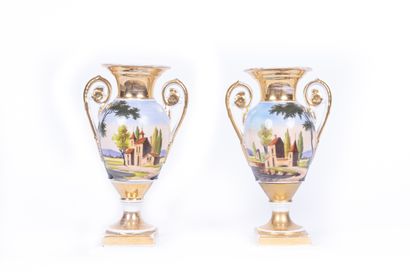 Pair of baluster vases decorated with landscape...