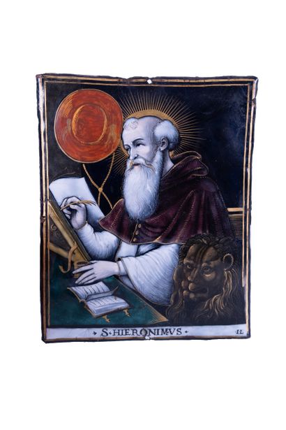 Enamel plate painted polychrome with gold...