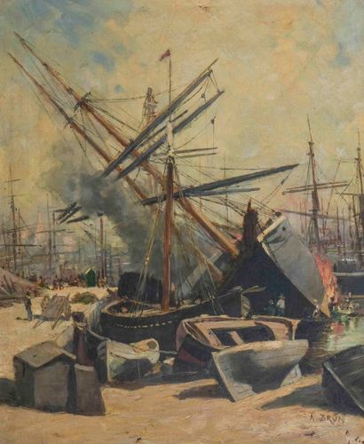 A. BRUN (XIX-XX) 

Boat on fire in the port...