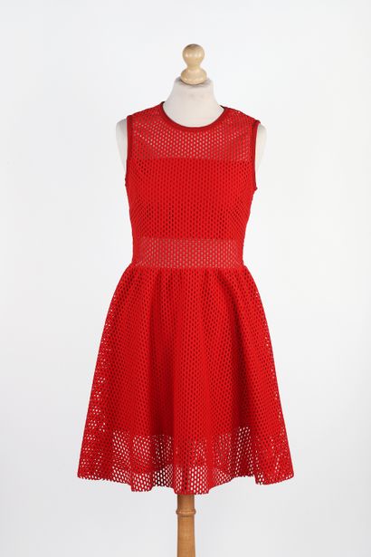 SANDRO 
Red openwork knit dress, sleeveless,...