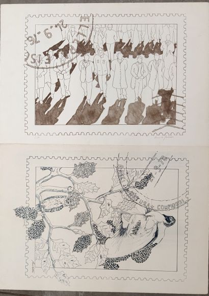 FRENCH SCHOOL 
The stamps
Suite of two lithographs
Signed...