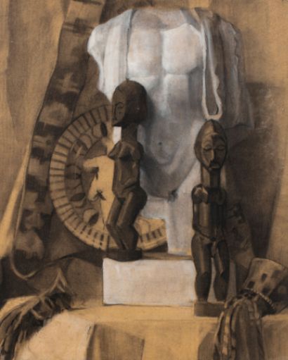 ANONYME
Nature morte aux deux statues Baoulé
Pastel...
