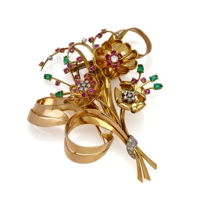 Grande broche gerbe en or deux tons 18K (750/1000)...
