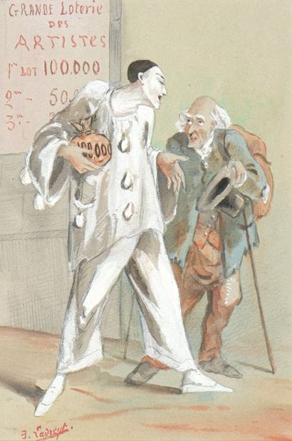 Eugène LADREYT (1832-1898)
Pierrot l'avarice
Gouache
Signée...