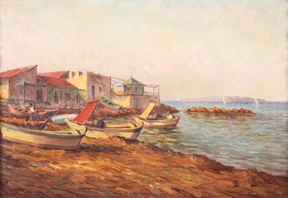 Henri BARET (XXème)
Barques amarrées 
Huile...