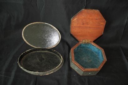 Octagonal box in wood and repoussé metal,...