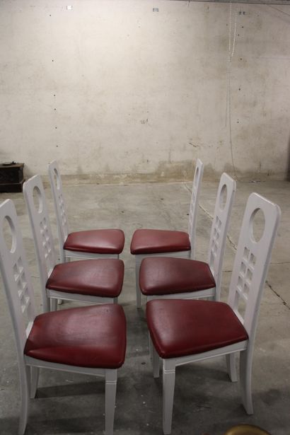 Set of six chairs in white lacquered wood,...