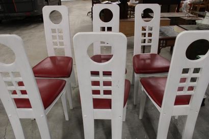 Set of six chairs in white lacquered wood,...